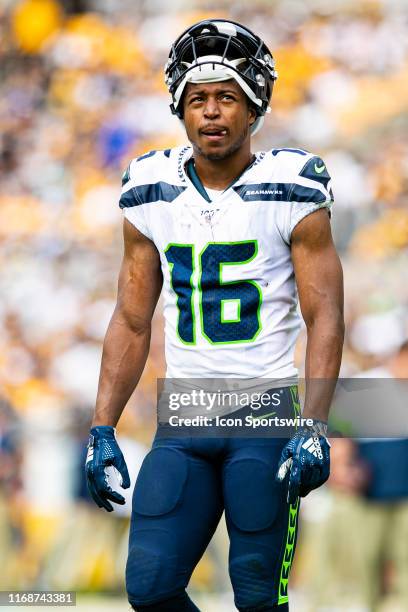 Seattle Seahawks wide receiver Tyler Lockett looks on during the NFL football game between the Seattle Seahawks and the Pittsburgh Steelers on...