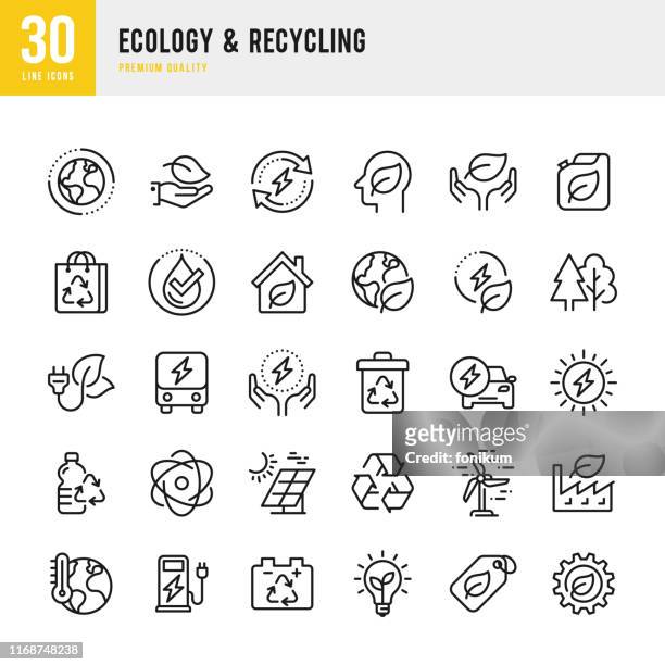 ökologie & recycling - satz von linienvektor-icons. pixel perfekt. set enthält symbole wie klimawandel, alternative energie, recycling, grüne technologie - windkraftanlage stock-grafiken, -clipart, -cartoons und -symbole