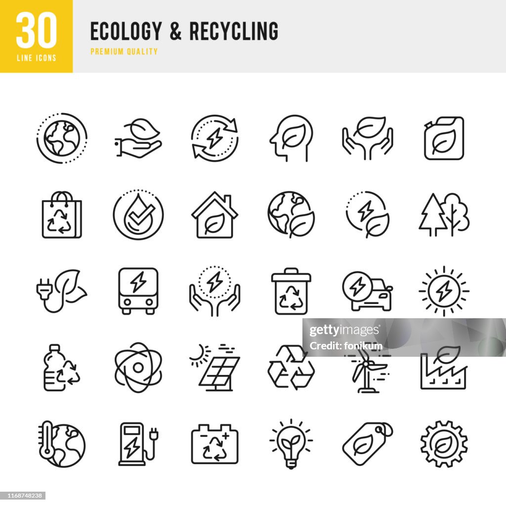 Ecology & Recycling - conjunto de iconos vectoriales de línea. Píxel perfecto. Set contiene iconos como Cambio Climático, Energía Alternativa, Reciclaje, Tecnología Verde