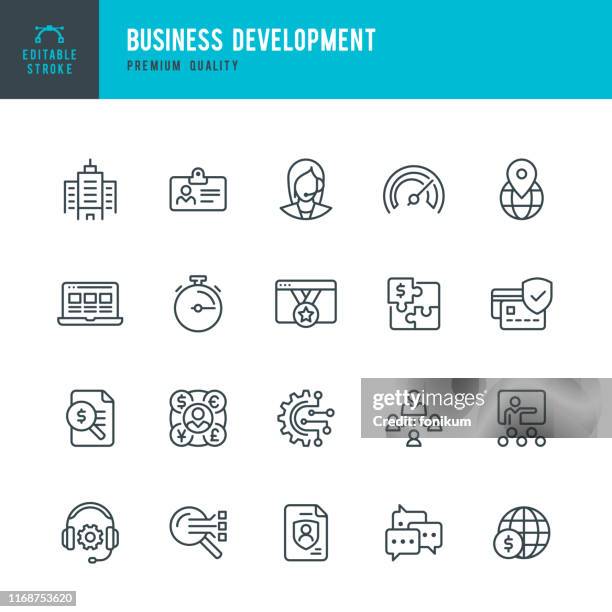 business development - vector line icon set. editable stroke. pixel perfect. set contains such icons as office, support, management, insurance, webinar. - accounting outsourcing stock illustrations