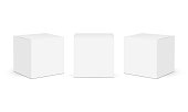 Three square paper boxes mockups isolated on white background