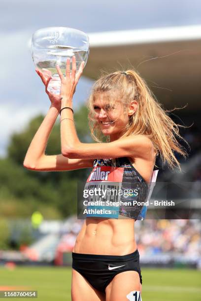 Konstanze Klosterhalfen of Germany collects her medal after winning in the Womens 1 Mile during the Muller Birmingham Grand Prix & IAAF Diamond...