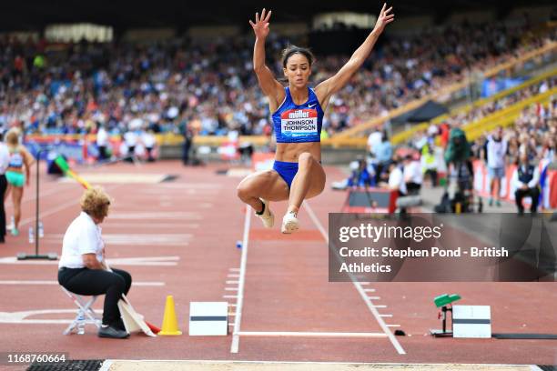 Katarina Johnson-Thompson of Great Britain competes in the Womens Long Jump during the Muller Birmingham Grand Prix & IAAF Diamond League event at...