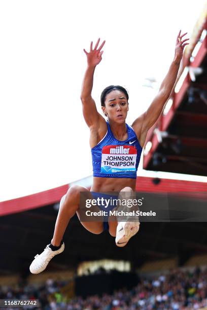 Katarina Johnson-Thompson of Great Britain competes in the Womens Long Jump during the Muller Birmingham Grand Prix & IAAF Diamond League event at...