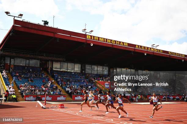 General view as Tatjana Pinto of Germany wins in the Womens 100m Final during the Muller Birmingham Grand Prix & IAAF Diamond League event at...