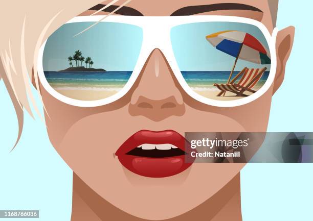 young caucasian girl with pixie hairstyle, wearing sunglasses - pixie cut stock illustrations