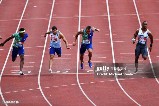 Yohan Blake of Jamaica wins in the Mens 100m Final during the Muller Birmingham Grand Prix & IAAF Diamond League event at Alexander Stadium on August...