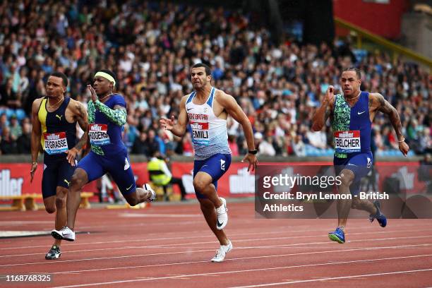 Adam Gemili of Great Britain , Michael Rodgers of United States and Christopher Belcher of United States compete in the Mens 100m Final during the...
