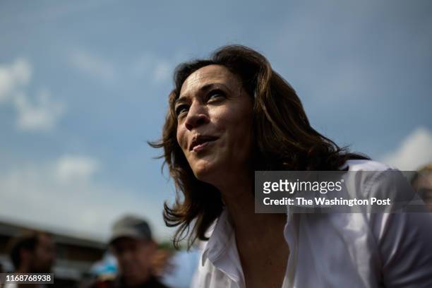 Sen. Kamala Harris, D-Calif, 2020 Democratic Presidential Candidate, reacts after meeting a baby at the Iowa State Fair on Saturday, August 10 in Des...