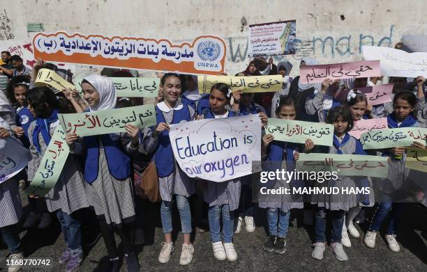 Palestinian pupils hold placards during a rally in support of the United Nations organisation for Palestinian refugees in front of their headquarters...