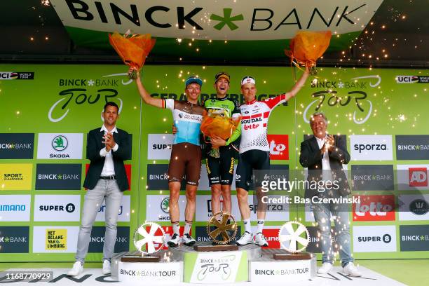 Podium / Oliver Naesen of Belgium and Team AG2R La Mondiale / Laurens De Plus of Belgium and Team Jumbo-Visma Green Leader Jersey / Tim Wellens of...