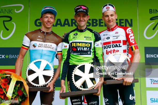 Podium / Oliver Naesen of Belgium and Team AG2R La Mondiale / Laurens De Plus of Belgium and Team Jumbo-Visma Green Leader Jersey / Tim Wellens of...