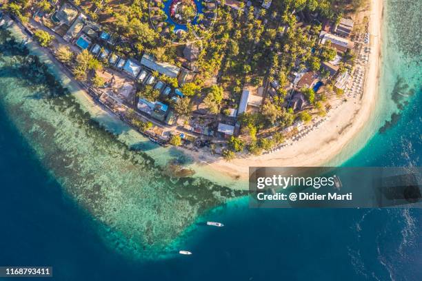 aerial view of a beach in the stunning gili air island off the coast of lombok in indonesia - lombok bildbanksfoton och bilder