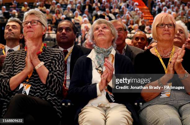 Jane Courtenay , widow of former Lib Dem leader, Lord Ashdown, watches a tribute to her late husband during the Liberal Democrats autumn conference...