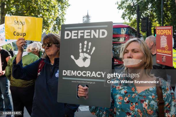 Demonstrators stage a silent protest outside the Supreme Court against Boris Johnson's suspension of parliament on 17 September, 2019 in London,...