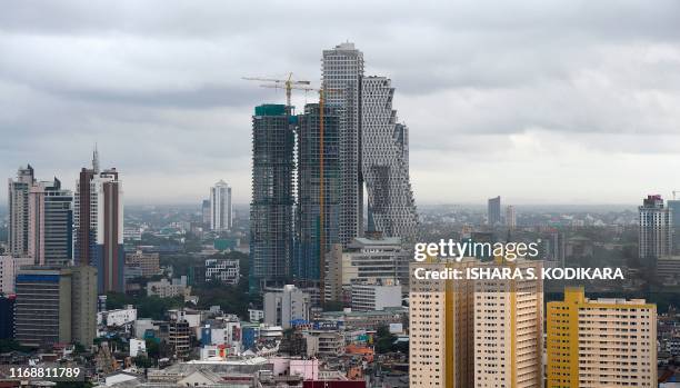 This photograph taken on September 16, 2019 shows the view of Sri Lanka's rapidly changing skyline in Colombo, on the day that the government...