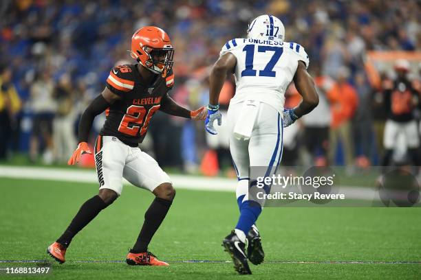 Greedy Williams of the Cleveland Browns works against Devin Funchess of the Indianapolis Colts during a preseason game at Lucas Oil Stadium on August...