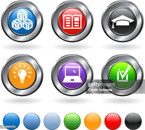 school and education vector icon set on metallic button - graduation cap pattern stock illustrations