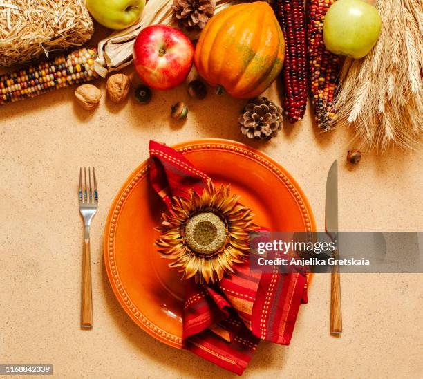 autumn table setting. thanksgiving dinner and autumn decoration - fall harvest table stock pictures, royalty-free photos & images