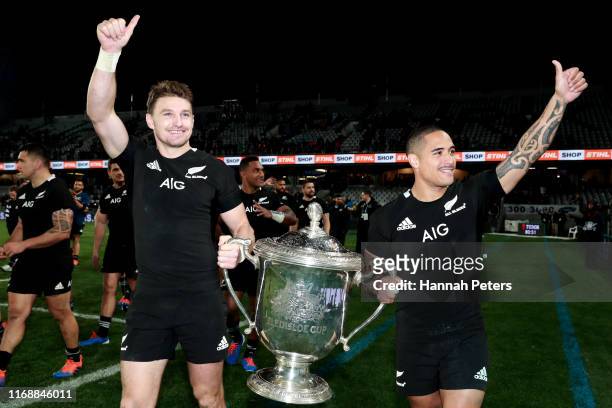 Beauden Barrett and Aaron Smith of the All Blacks celebrate after winning the 2019 Rugby Championship Test Match between the New Zealand All Blacks...