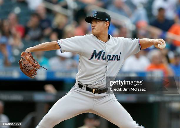 Wei-Yin Chen of the Miami Marlins in action against the New York Mets at Citi Field on August 05, 2019 in New York City. The Mets defeated the...