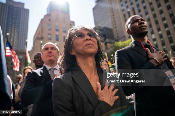 New U.S. Citizens recite the the Oath of Allegiance during a naturalization ceremony at Rockefeller Center on September 17, 2019 in New York City....