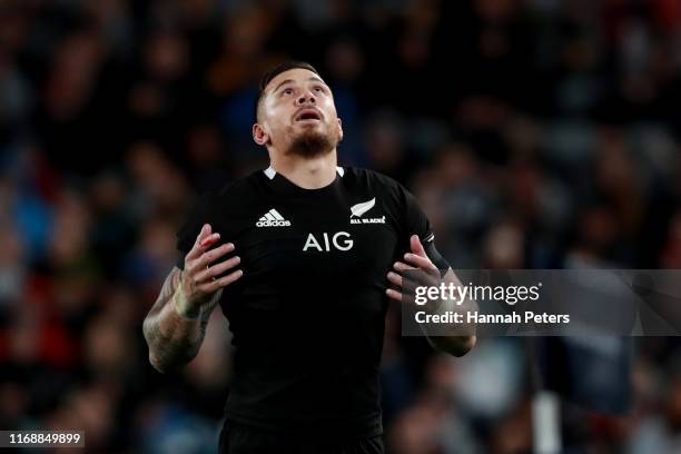 Sonny Bill Williams of the All Blacks prays after being taken off during the 2019 Rugby Championship Test Match between the New Zealand All Blacks...
