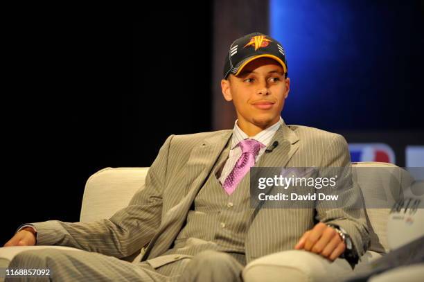 Stephen Curry, selected seventh overall by the Golden State Warriors speaks to Mark Jones of ESPN during the 2009 NBA Draft on June 25, 2009 at The...