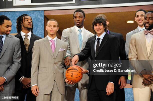 Stephen Curry, Hasheem Thabeet, Ricky Rubio pose for a photo prior to the 2009 NBA Draft on June 25, 2009 at the WaMu Theatre in New York, New York....
