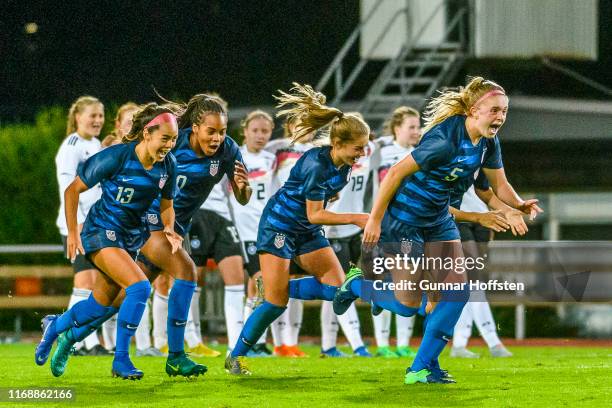 Girl's team cheering after winning 4-5 after penalty shoot-out during the U17 Girl's UEFA Tournament match between Germany U17 Girl's and USA U17...