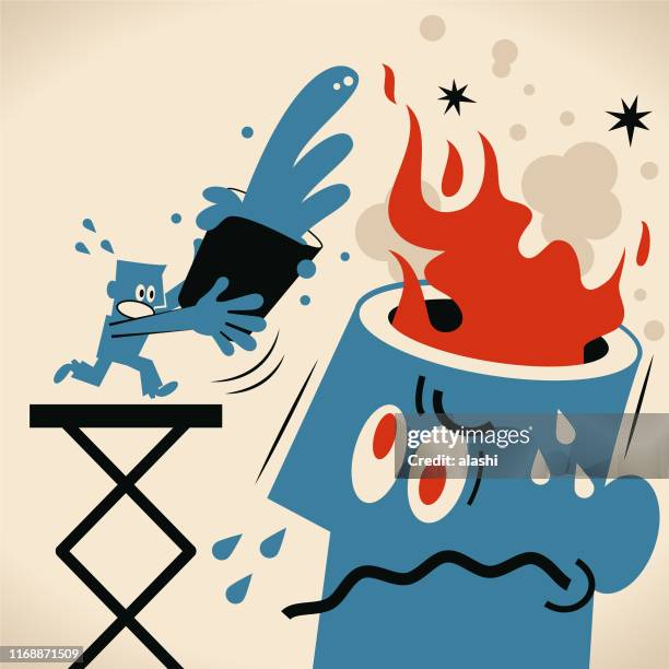 blue man pouring bucket of water to put out fire from angry man - conflict management stock illustrations