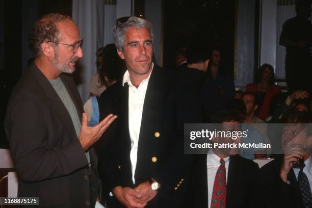 Guest and Jeffrey Epstein attend the Victoria's Secret Fashion Show at the Plaza Hotel on August 1, 1995 in New York City.