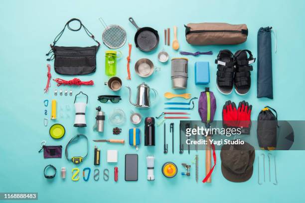 camping equipment knolling style - gruppo di oggetti foto e immagini stock