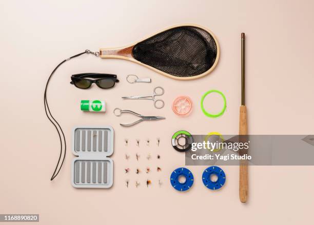 simple fly fishing tenkara knolling style - creative fishing stock pictures, royalty-free photos & images