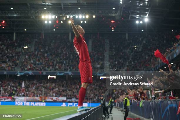 Erling Haaland of FC Salzburg celebrates after scoring the goal for 2:0 during the Champions League group E match between FC Salzburg and KRC Genk at...