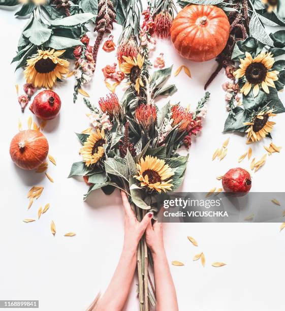 woman hands making autumn flowers bunch - fall bouquet stock pictures, royalty-free photos & images