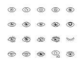Eye flat line icons set. Tired eyes, vision, eyesight, makeup simple vector illustrations. Outline signs for visibility concept, optometrist clinic. Pixel perfect 64x64. Editable Strokes