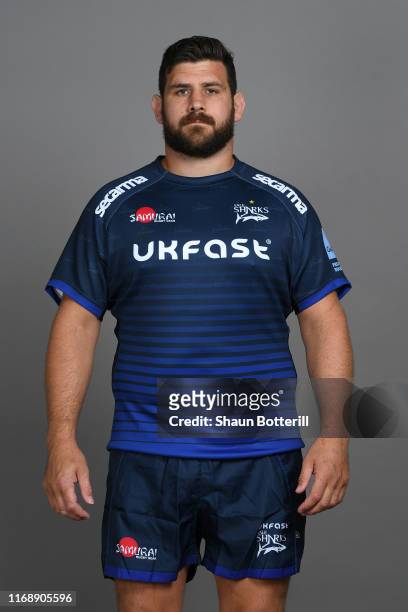 Rob Webber of Sale Sharks poses for a portrait during the Sale Sharks squad photo call for the 2019-20 Gallagher Premiership Rugby season on August...