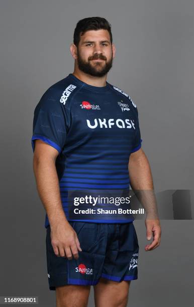 Rob Webber of Sale Sharks poses for a portrait during the Sale Sharks squad photo call for the 2019-20 Gallagher Premiership Rugby season on August...