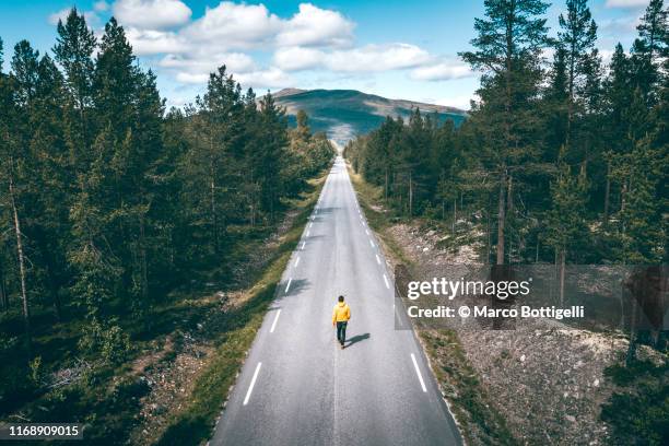 man walking in the middle of a straight road in norway - diminishing perspective nature stock pictures, royalty-free photos & images