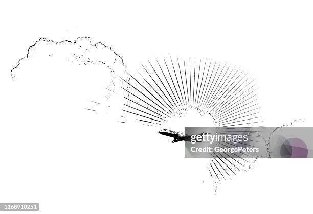 commercial airplane flying and cumulus clouds - cumulus stock illustrations