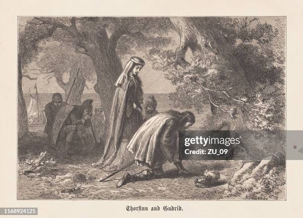 thorfinn karlsefni in vinland (north america), wood engraving, published 1876 - icelandic woman stock illustrations