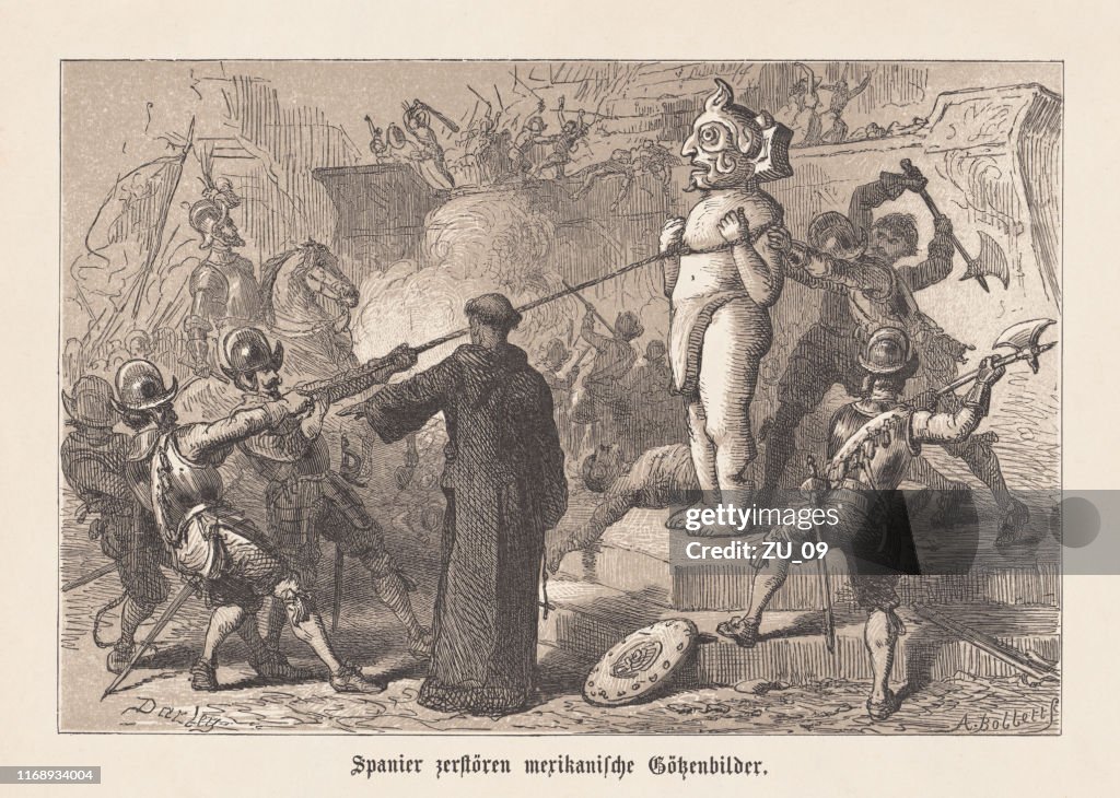 Spanish conquistadors destroyed aztec idols in Mexico, woodcut, published 1876