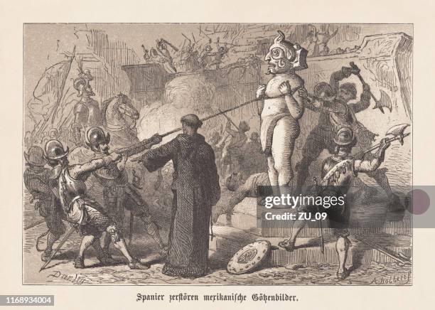 spanish conquistadors destroyed aztec idols in mexico, woodcut, published 1876 - aztec civilization stock illustrations