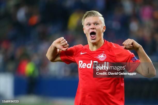 Erling Haaland of Salzburg celebrates the victory after the UEFA Champions League match between RB Salzburg and KRC Genk at Red Bull Arena on...