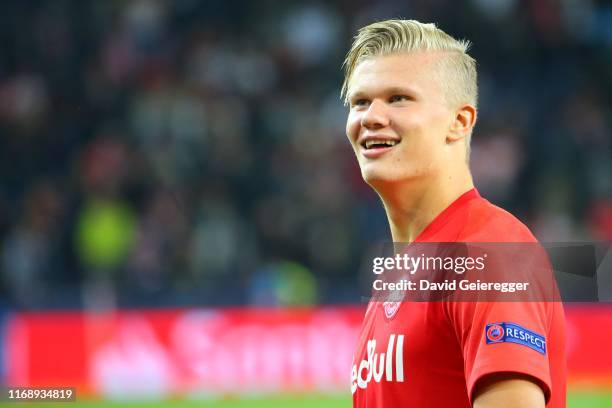 Erling Haaland of Salzburg looks on after the UEFA Champions League match between RB Salzburg and KRC Genk at Red Bull Arena on September 17, 2019 in...