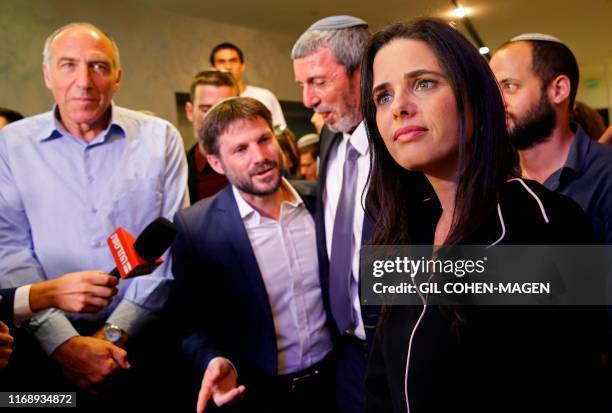 Ayelet Shaked , leader and candidate of the New Right party that is part of the Yamina political alliance, speaks to the press while flanked by...