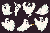 Funny ghost character collection in different poses. White flying spooky halloween ghost silhouette isolated on dark background. Scary ghostly monster. Traditional festive element for your design.