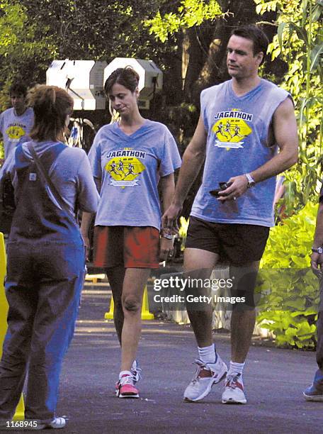 Actors Catherine Bell and David James Elliot film a scene for the TV show "JAG" October 6, 2001 in Los Angeles, CA.