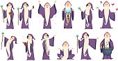 Wizard. Mysterious male magician in robe spelling oldster merlin vector cartoon characters